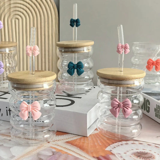 Taza de agua bonita con lazo, vaso de cristal con lazo de dibujos animados, taza de café con garabatos bonitos a rayas, fruta para el hogar, té, limonada, regalo para niñas