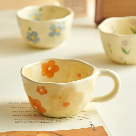 Tazas de cerámica, tazas de café, taza de té de la leche con flores irregulares pellizcadas a mano, taza de desayuno de avena de estilo coreano, vajilla de cocina