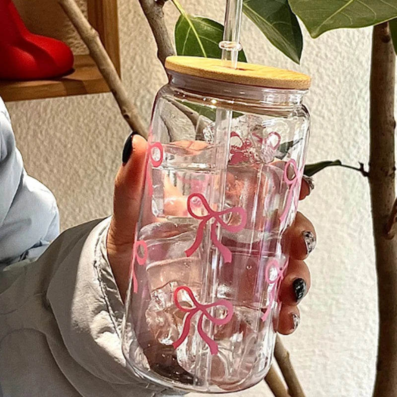 Taza de cristal con lazo rosa para niñas, botella de agua encantadora con tapa de bambú, vasos de café helado, vasos de jugo y bebidas, 500ml, 1 ud.