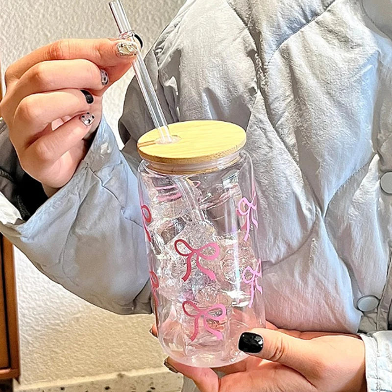 Taza de cristal con lazo rosa para niñas, botella de agua encantadora con tapa de bambú, vasos de café helado, vasos de jugo y bebidas, 500ml, 1 ud.