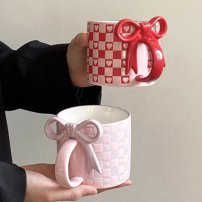 Taza de cerámica con mango de lazo creativo, taza de café con patrón de tablero de ajedrez para decoración del hogar
