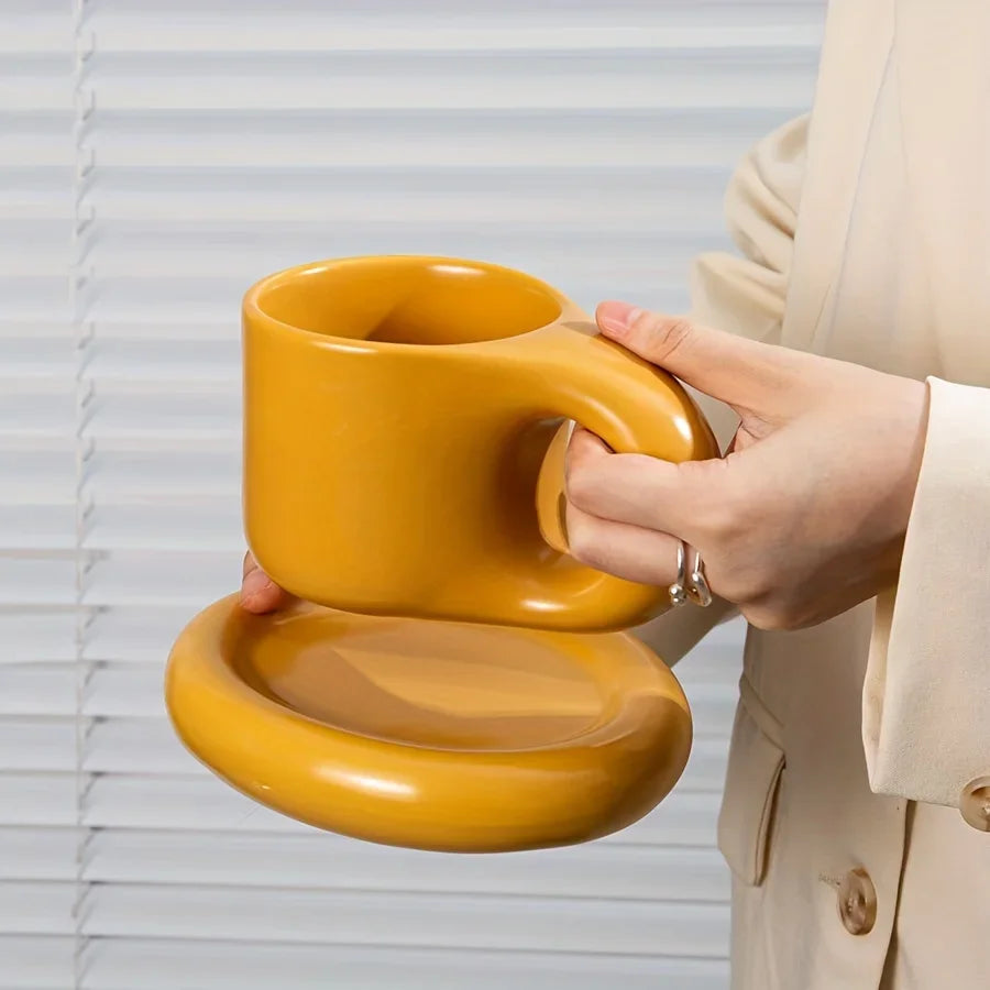 Juego de tazas de café de cerámica de 400ml, platillo con mango grueso, bonito y creativo, para decoración de la Oficina y la habitación del hogar, 1 Juego