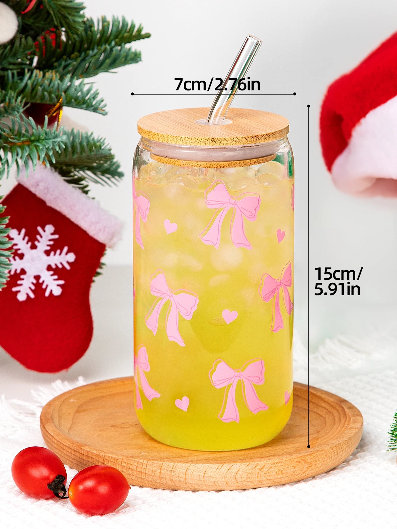 Taza de cristal con lazo bonito de 500ml, botella de agua con diseño de grafiti de cereza de amor, tazas de café con tapas, cepillo de paja, regalo de fiesta del Día de San Valentín