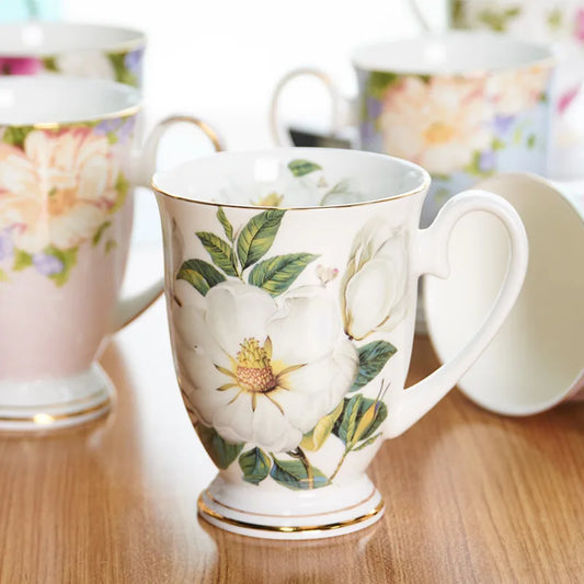 Taza de café de porcelana de hueso, taza de flor de cerámica creativa, exquisita taza de té de la tarde, taza de café, taza de leche de avena para el hogar, regalo de cumpleaños