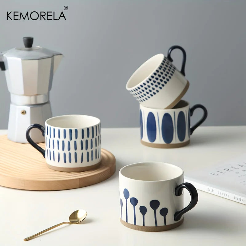 Tazas de café de cerámica pintadas a mano, diseño geométrico azul y blanco, tazas redondas reutilizables seguras para microondas para café, té y avena, 2 uds.
