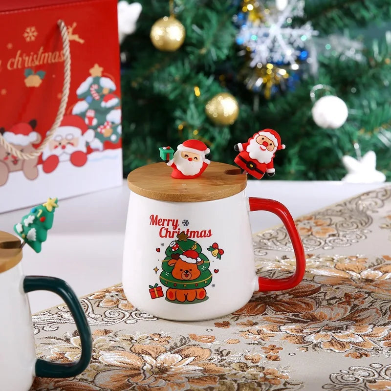 Taza de café de cerámica navideña con tapa y cuchara 3D, lindo regalo de Navidad de reno y muñeco de nieve de Papá Noel para mujeres y hombres, taza de té de cacao caliente