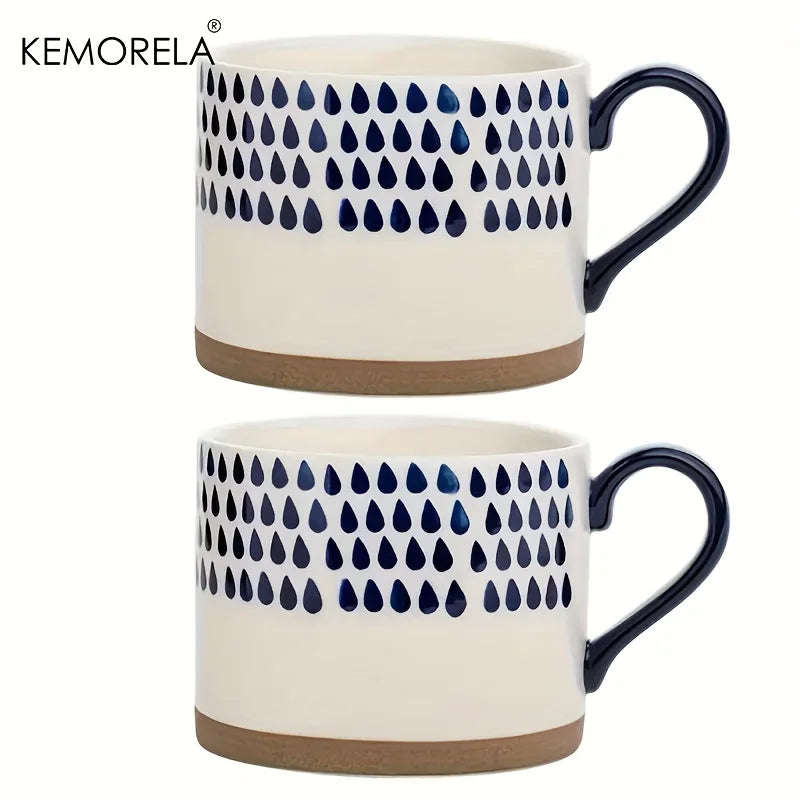 Tazas de café de cerámica pintadas a mano, diseño geométrico azul y blanco, tazas redondas reutilizables seguras para microondas para café, té y avena, 2 uds.