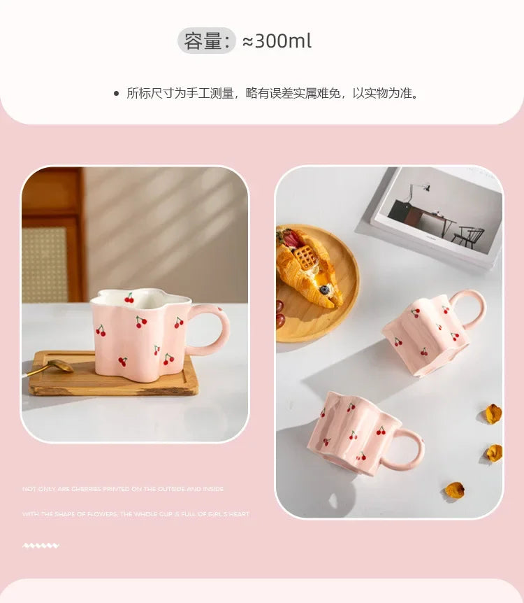 Taza de cereza pintada a mano para niña, vaso de agua Irregular creativo, rosa encantador, tazas de leche de cerámica hechas a mano, tazas de café de porcelana, regalo 2023