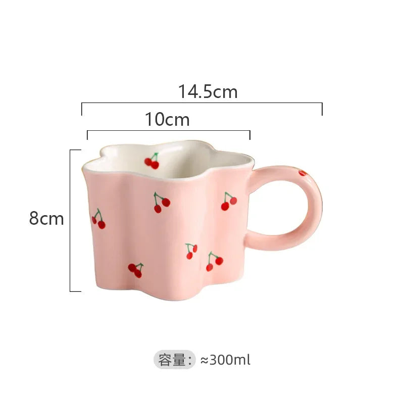 Taza de cereza pintada a mano para niña, vaso de agua Irregular creativo, rosa encantador, tazas de leche de cerámica hechas a mano, tazas de café de porcelana, regalo 2023
