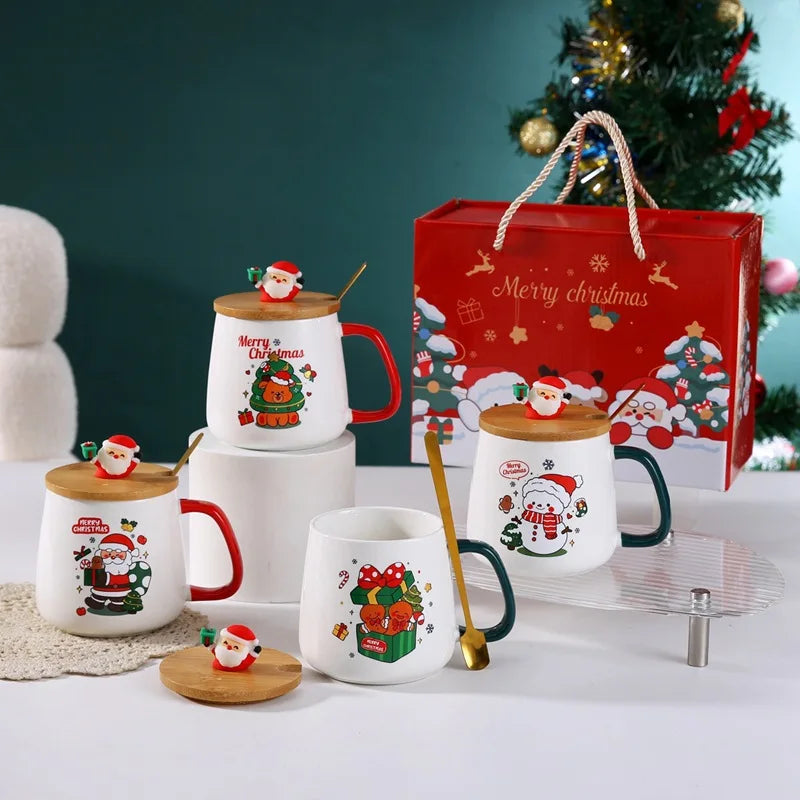 Taza de café de cerámica navideña con tapa y cuchara 3D, lindo regalo de Navidad de reno y muñeco de nieve de Papá Noel para mujeres y hombres, taza de té de cacao caliente