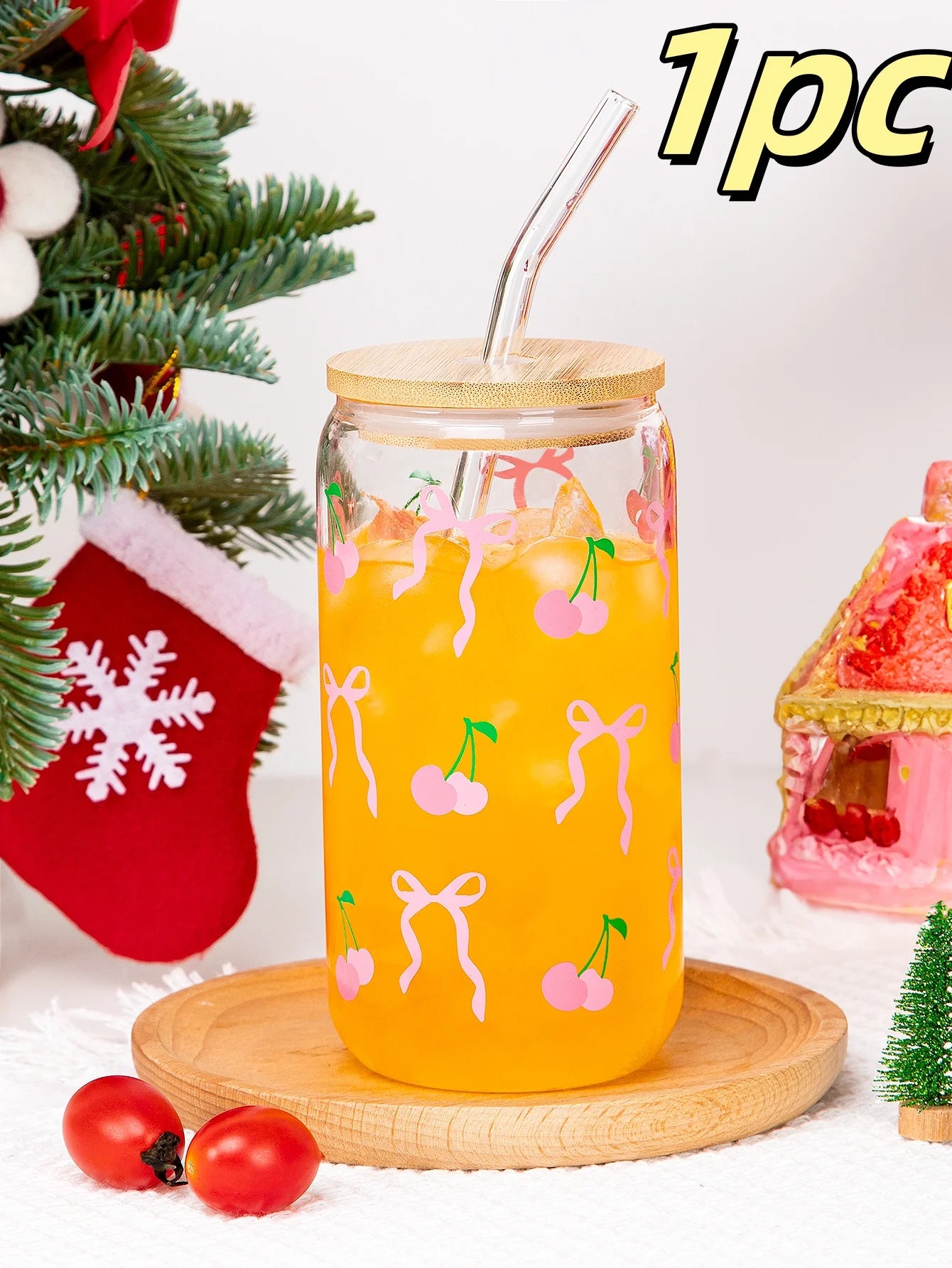 Taza de cristal con lazo bonito de 500ml, botella de agua con diseño de grafiti de cereza de amor, tazas de café con tapas, cepillo de paja, regalo de fiesta del Día de San Valentín