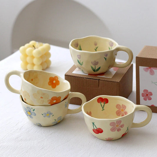 Tazas de cerámica, tazas de café, taza de té de la leche con flores irregulares pellizcadas a mano, taza de desayuno de avena de estilo coreano, vajilla de cocina