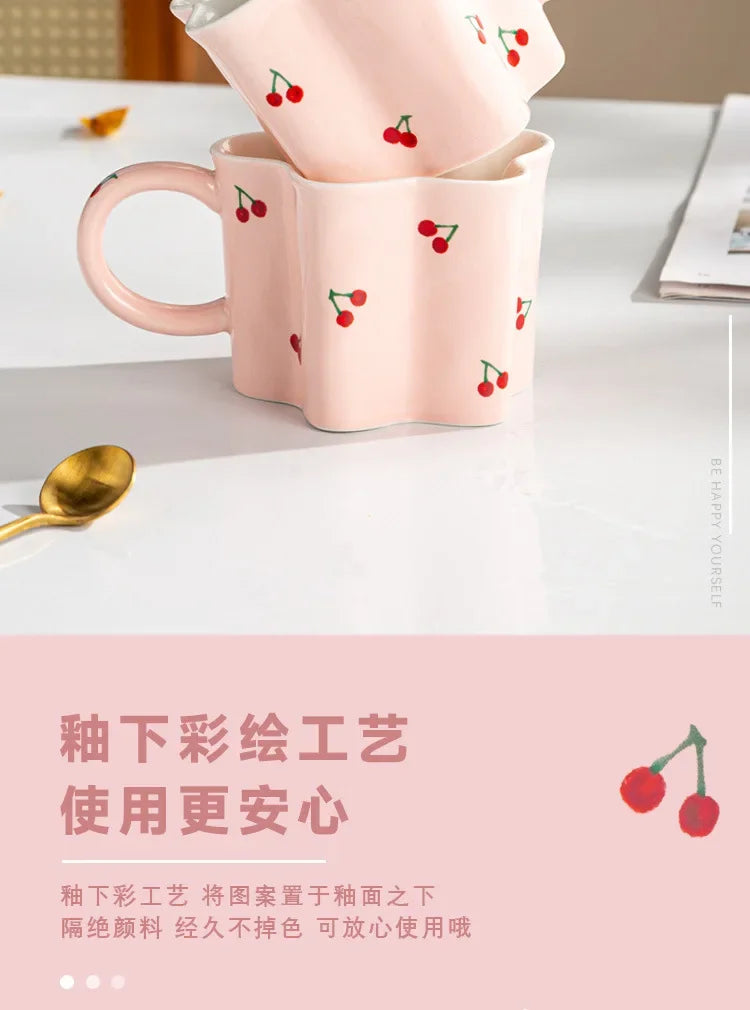 Taza de cereza pintada a mano para niña, vaso de agua Irregular creativo, rosa encantador, tazas de leche de cerámica hechas a mano, tazas de café de porcelana, regalo 2023