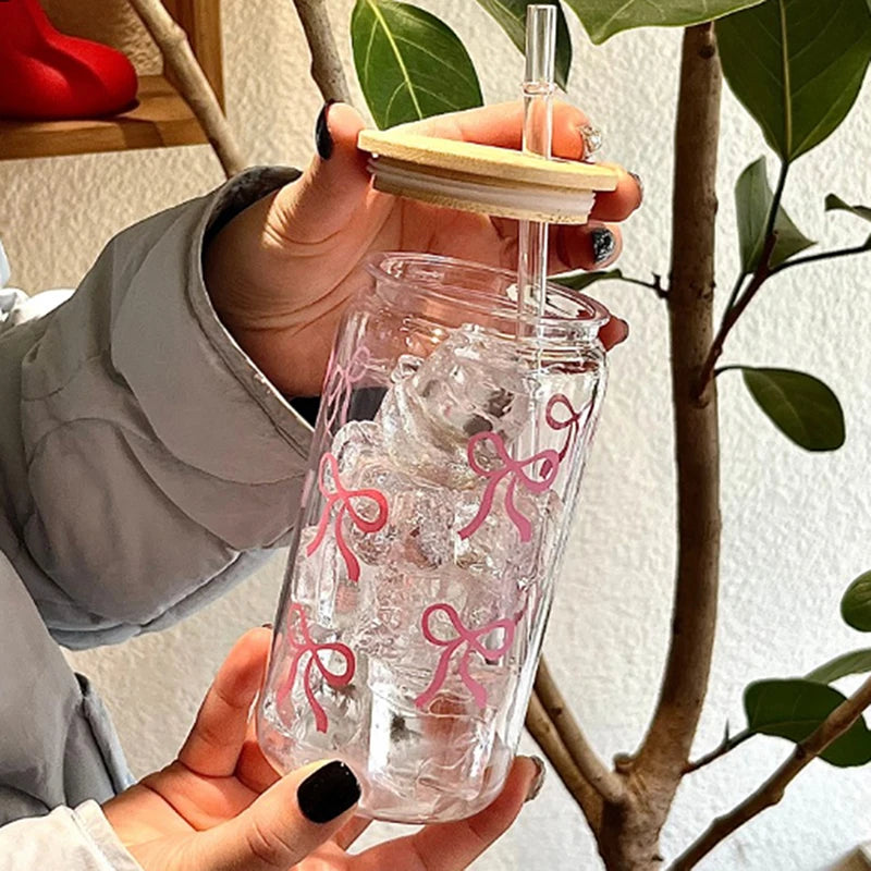 Taza de cristal con lazo rosa para niñas, botella de agua encantadora con tapa de bambú, vasos de café helado, vasos de jugo y bebidas, 500ml, 1 ud.
