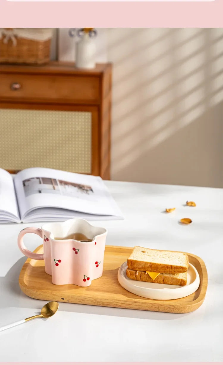 Taza de cereza pintada a mano para niña, vaso de agua Irregular creativo, rosa encantador, tazas de leche de cerámica hechas a mano, tazas de café de porcelana, regalo 2023