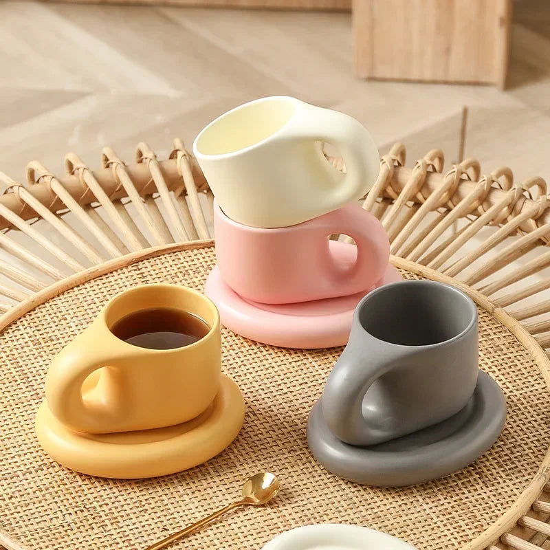 Juego de tazas de café de cerámica de 400ml, platillo con mango grueso, bonito y creativo, para decoración de la Oficina y la habitación del hogar, 1 Juego