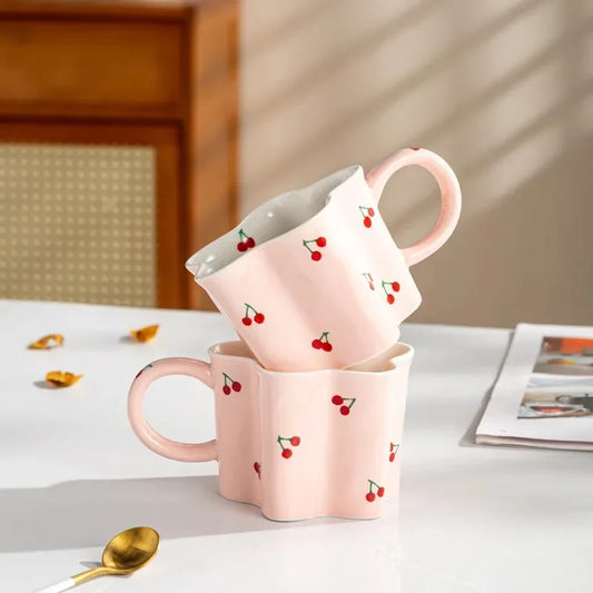 Taza de cereza pintada a mano para niña, vaso de agua Irregular creativo, rosa encantador, tazas de leche de cerámica hechas a mano, tazas de café de porcelana, regalo 2023