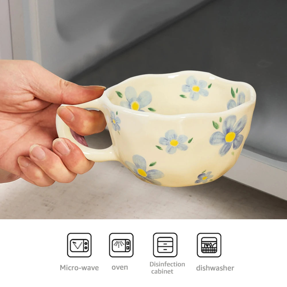 Tazas de cerámica, tazas de café, taza de té de la leche con flores irregulares pellizcadas a mano, taza de desayuno de avena de estilo coreano, vajilla de cocina