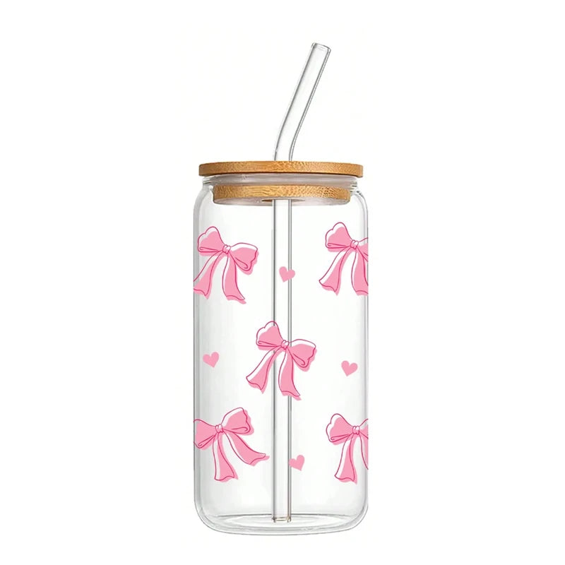 Taza de cristal con lazo bonito de 500ml, botella de agua con diseño de grafiti de cereza y amor navideño con tapa de bambú, tazas de café heladas, regalo de Halloween