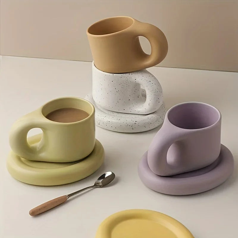 Juego de tazas de café de cerámica de 400ml, platillo con mango grueso, bonito y creativo, para decoración de la Oficina y la habitación del hogar, 1 Juego