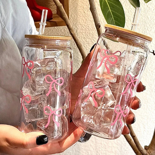 Taza de cristal con lazo rosa para niñas, botella de agua encantadora con tapa de bambú, vasos de café helado, vasos de jugo y bebidas, 500ml, 1 ud.