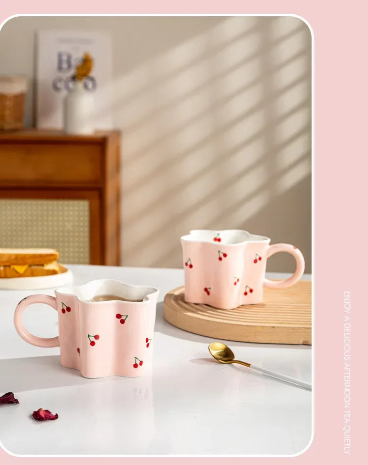 Taza de cereza pintada a mano para niña, vaso de agua Irregular creativo, rosa encantador, tazas de leche de cerámica hechas a mano, tazas de café de porcelana, regalo 2023
