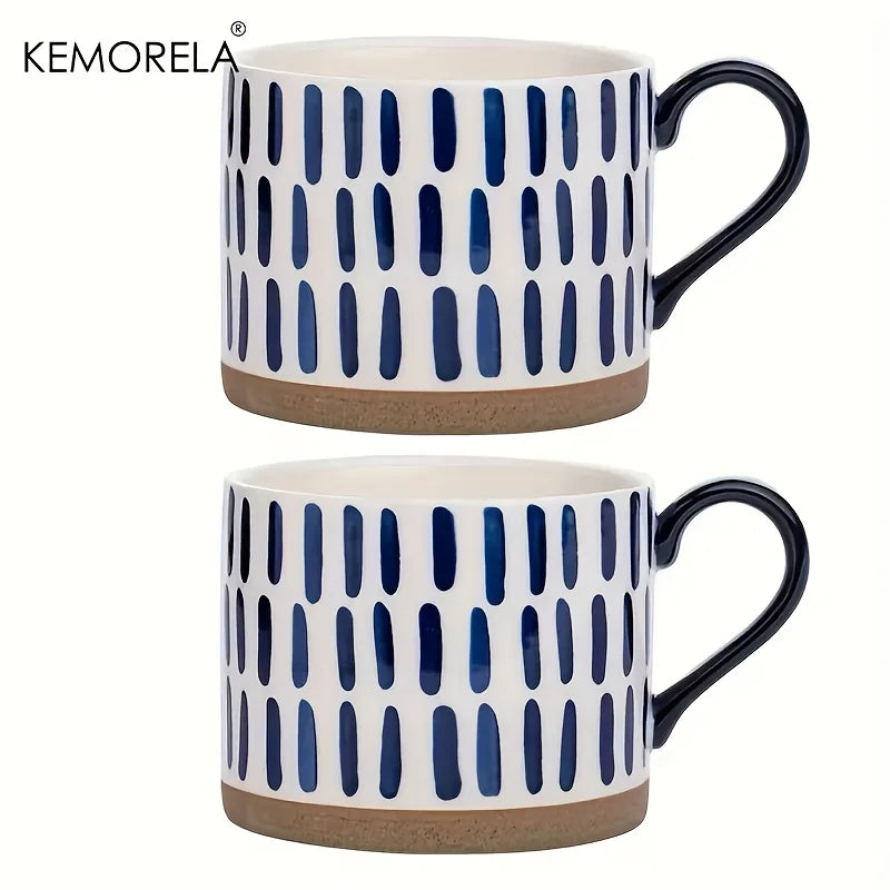 Tazas de café de cerámica pintadas a mano, diseño geométrico azul y blanco, tazas redondas reutilizables seguras para microondas para café, té y avena, 2 uds.