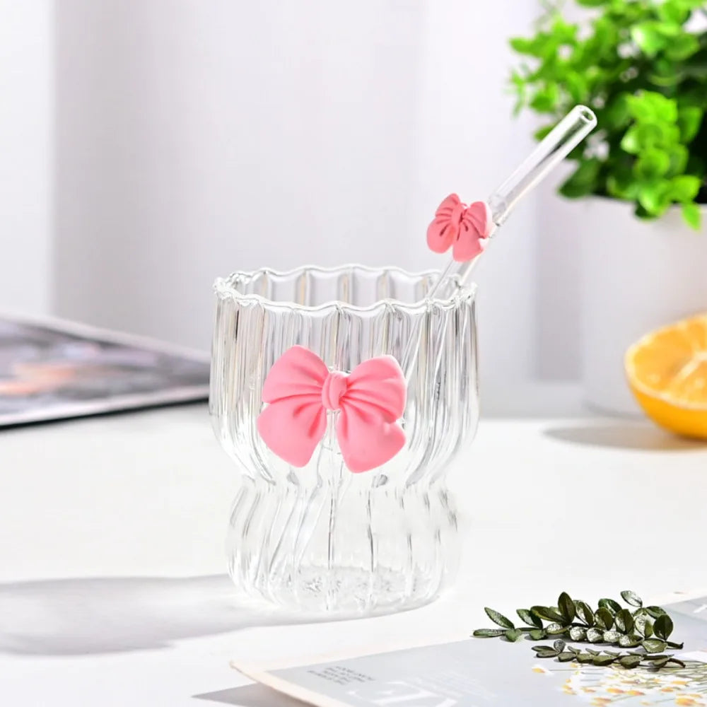 Taza de agua a rayas de gran capacidad con lazo rosa de dibujos animados, vaso con pajita de cristal transparente, regalo para niñas, nueva moda