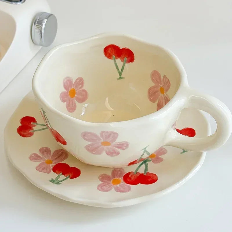 Juego de tazas de café con patrón de flores, café de cerámica pintado, linda chica, agua, taza de Color bajo vidriado pintada a mano, regalo para regalo de festival