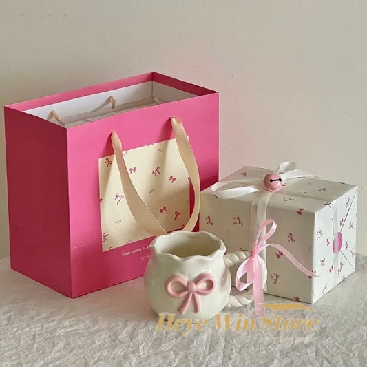 Taza de café de cerámica con lazo rosa Irregular, taza en relieve hecha a mano, taza de café para el hogar, taza de leche para desayuno, regalo de cumpleaños, nuevo