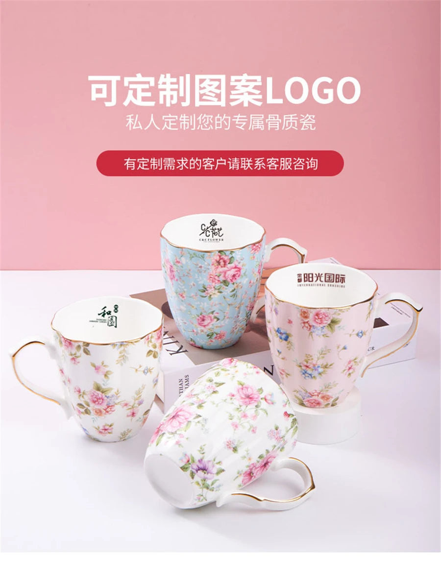 Taza de cerámica para café, leche, bebida Floral, agua, regalo de negocios, hueso creativo, China, taza elegante para el hogar, taza de desayuno para beber
