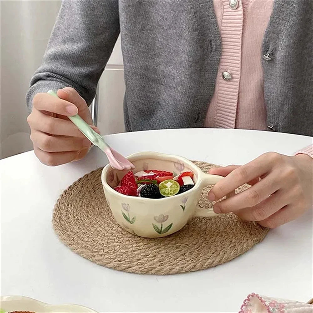 Tazas de cerámica, tazas de café, taza de té de la leche con flores irregulares pellizcadas a mano, taza de desayuno de avena de estilo coreano, vajilla de cocina