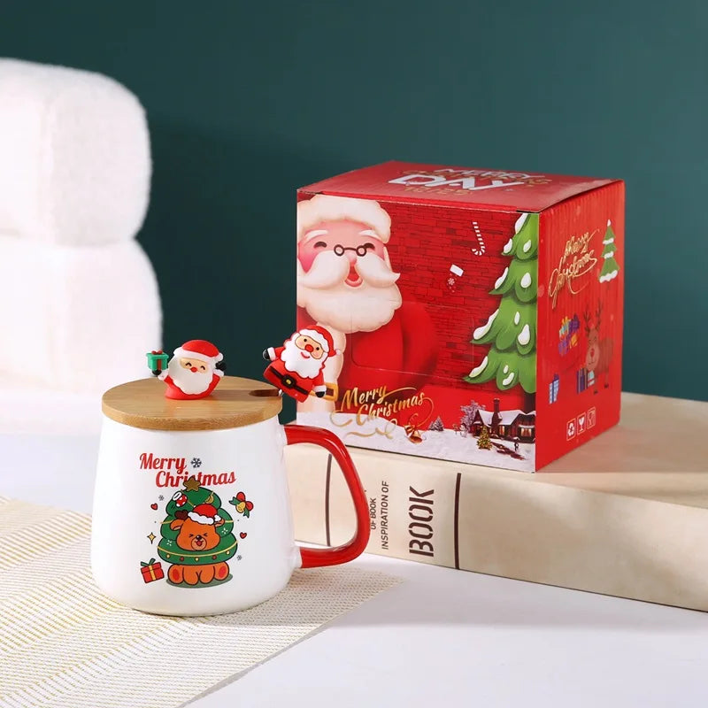 Taza de café de cerámica navideña con tapa y cuchara 3D, lindo regalo de Navidad de reno y muñeco de nieve de Papá Noel para mujeres y hombres, taza de té de cacao caliente