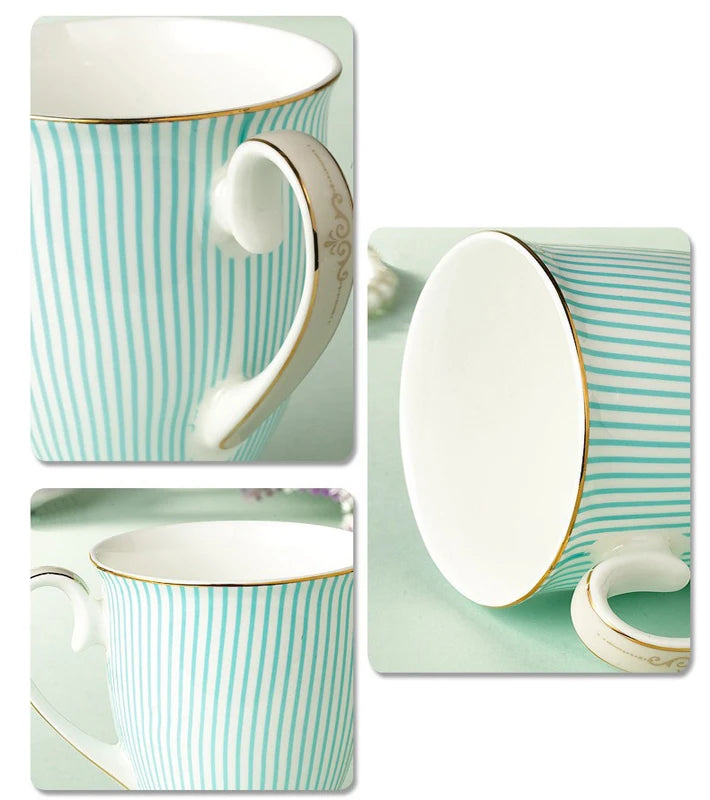 Tazas de té elegantes, tazas de cerámica purificadas británicas, porcelana de hueso, taza de café con rayas azules, diseño dorado, copa de diseño único a la moda