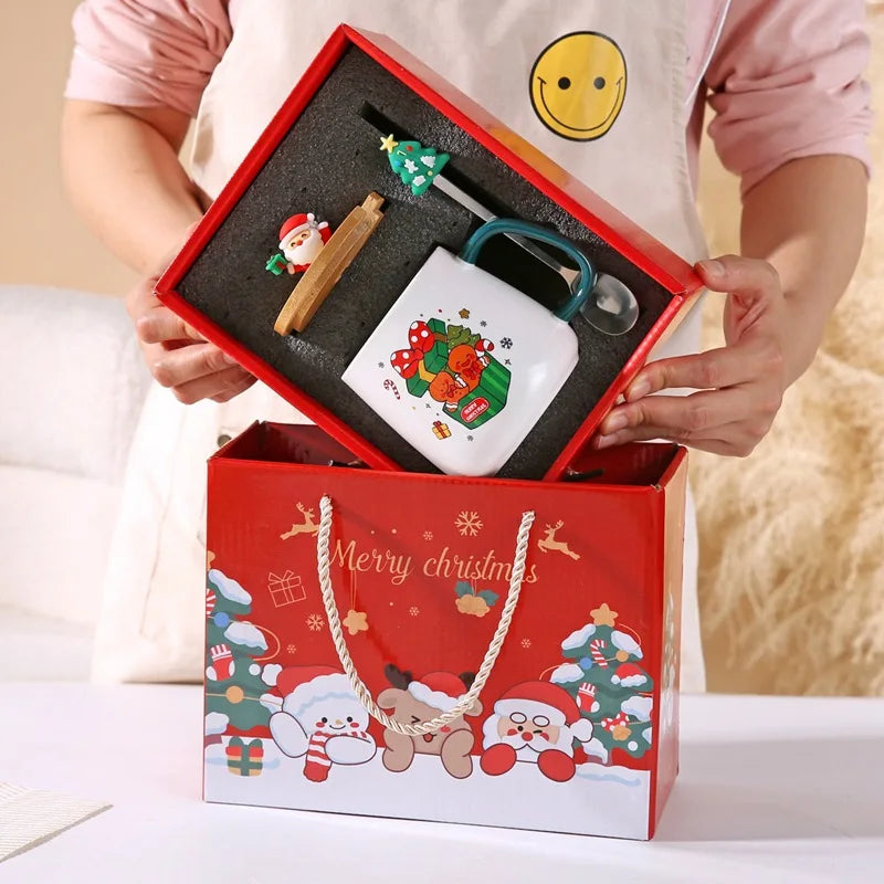 Taza de café de cerámica navideña con tapa y cuchara 3D, lindo regalo de Navidad de reno y muñeco de nieve de Papá Noel para mujeres y hombres, taza de té de cacao caliente
