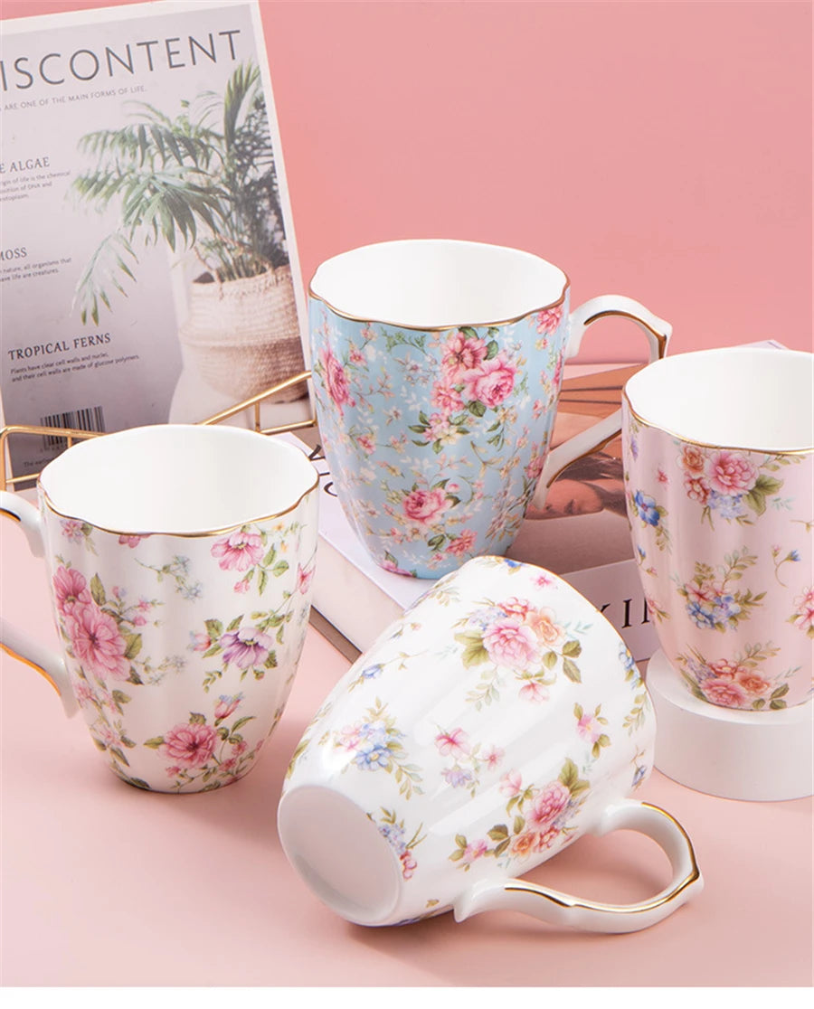 Taza de cerámica para café, leche, bebida Floral, agua, regalo de negocios, hueso creativo, China, taza elegante para el hogar, taza de desayuno para beber