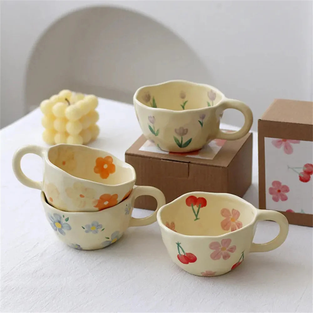 Tazas de cerámica, tazas de café, taza de té de la leche con flores irregulares pellizcadas a mano, taza de desayuno de avena de estilo coreano, vajilla de cocina