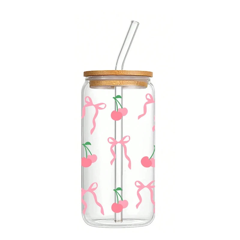 Taza de cristal con lazo bonito de 500ml, botella de agua con diseño de grafiti de cereza y amor navideño con tapa de bambú, tazas de café heladas, regalo de Halloween