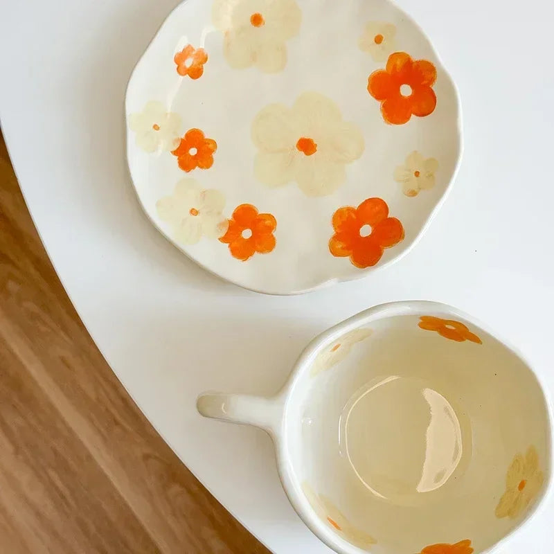 Juego de tazas de café con patrón de flores, café de cerámica pintado, linda chica, agua, taza de Color bajo vidriado pintada a mano, regalo para regalo de festival