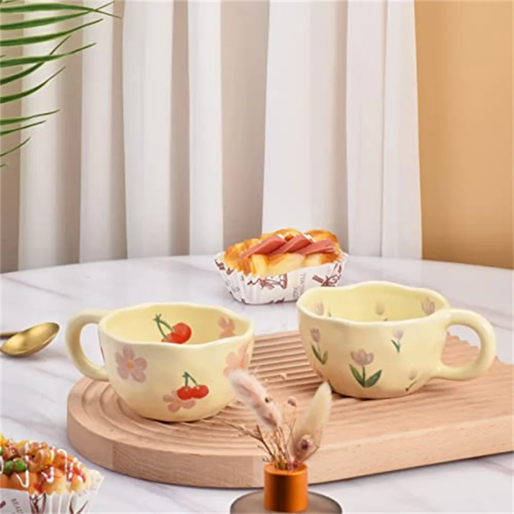Tazas de cerámica, tazas de café, taza de té de la leche con flores irregulares pellizcadas a mano, taza de desayuno de avena de estilo coreano, vajilla de cocina