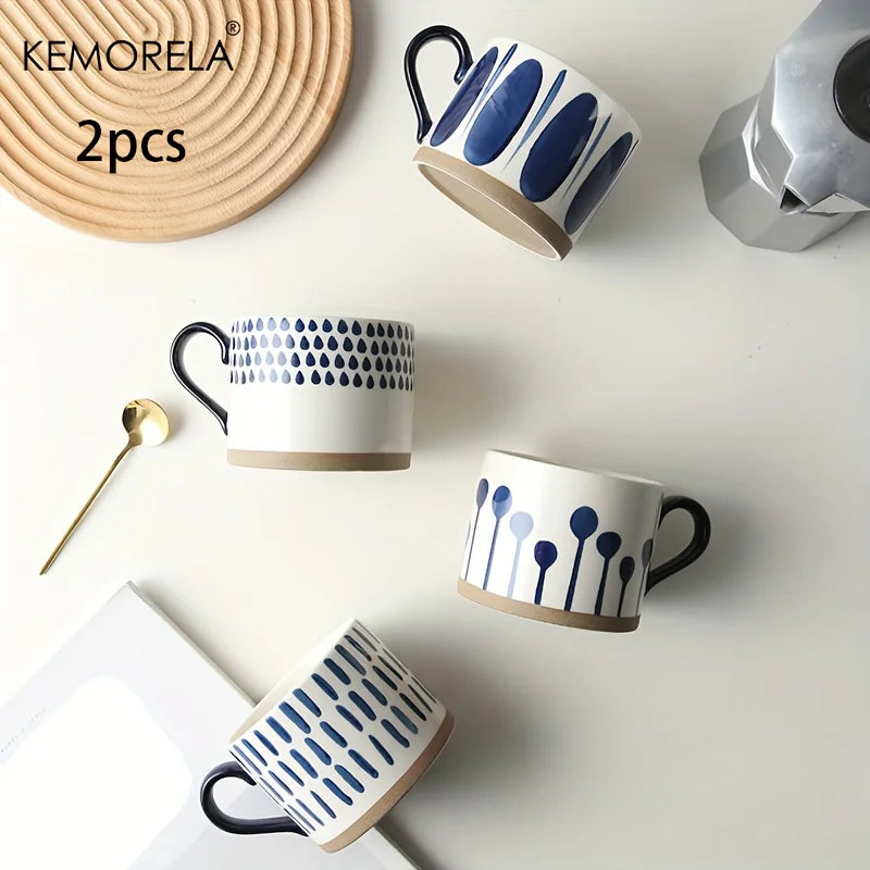Tazas de café de cerámica pintadas a mano, diseño geométrico azul y blanco, tazas redondas reutilizables seguras para microondas para café, té y avena, 2 uds.