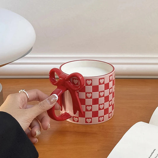 Taza de cerámica con mango de lazo creativo, taza de café con patrón de tablero de ajedrez para decoración del hogar