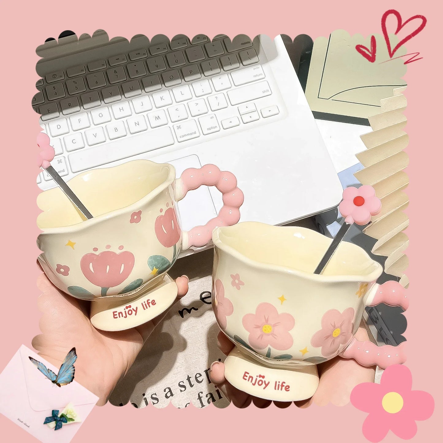 Tazas de café con flores de cerámica de alto valor, tazas de agua creativas aptas para lavavajillas, regalos de cumpleaños para niñas y el hogar