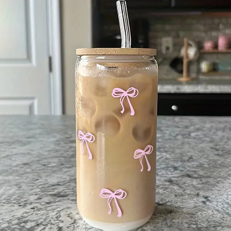 Taza de cristal con lazo rosa para niñas, botella de agua encantadora con tapa de bambú, vasos de café helado, vasos de jugo y bebidas, 500ml, 1 ud.