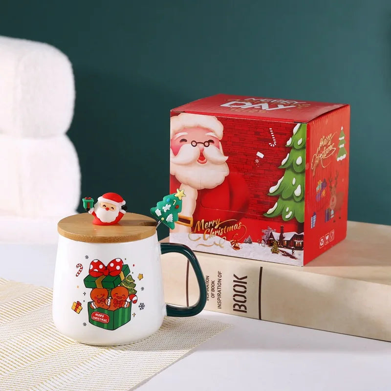 Taza de café de cerámica navideña con tapa y cuchara 3D, lindo regalo de Navidad de reno y muñeco de nieve de Papá Noel para mujeres y hombres, taza de té de cacao caliente