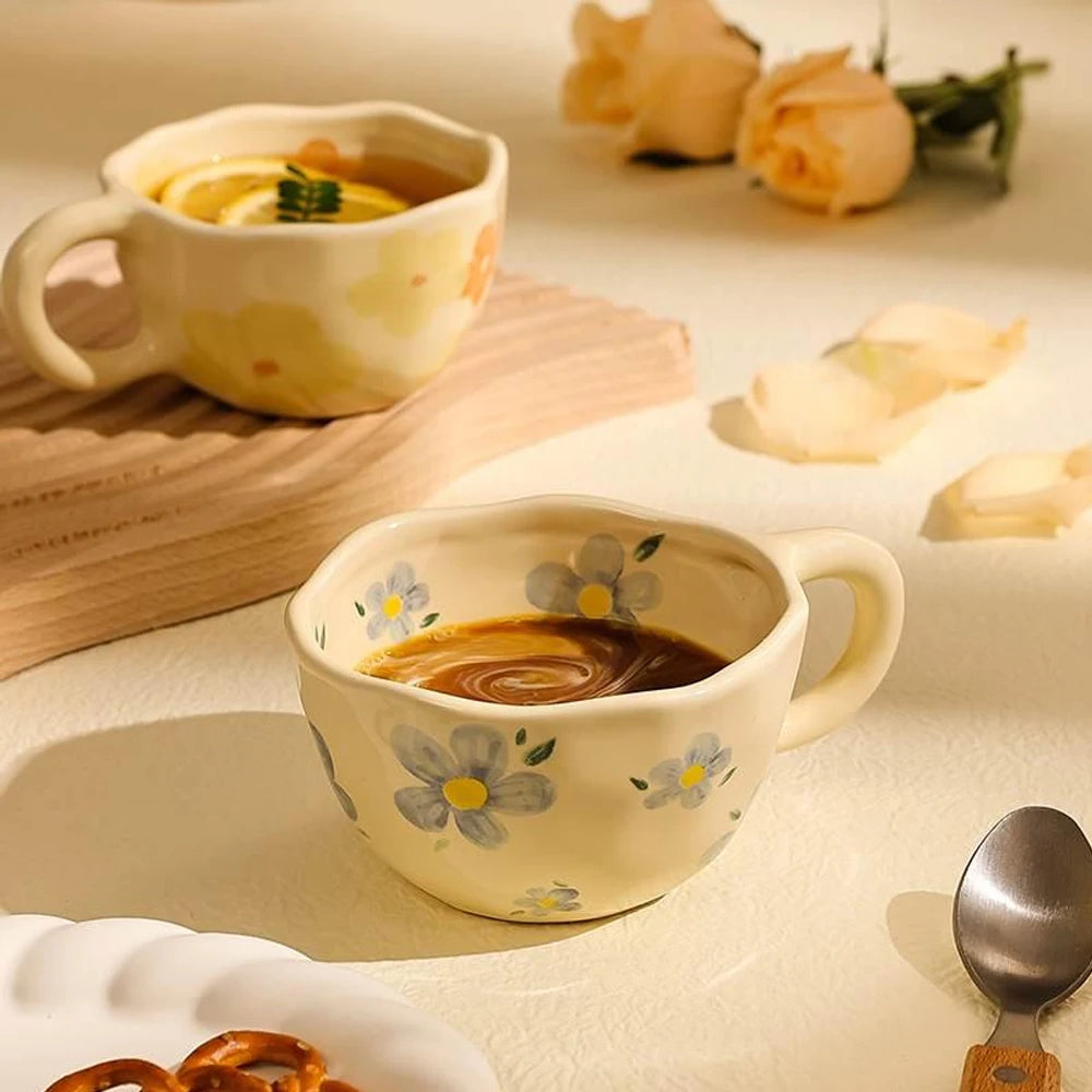 Tazas de cerámica, tazas de café, taza de té de la leche con flores irregulares pellizcadas a mano, taza de desayuno de avena de estilo coreano, vajilla de cocina