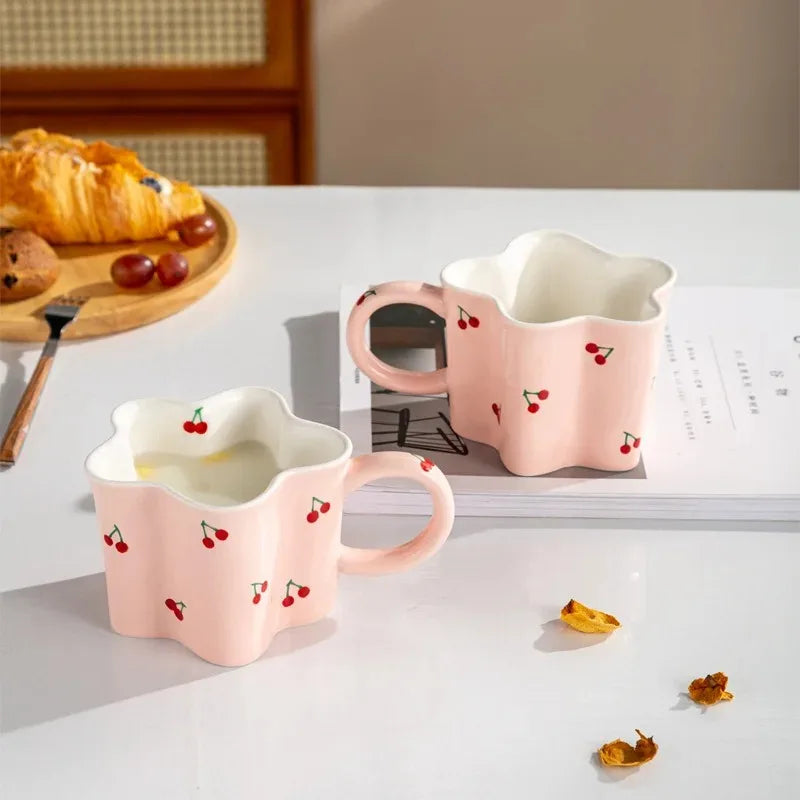 Taza de cereza pintada a mano para niña, vaso de agua Irregular creativo, rosa encantador, tazas de leche de cerámica hechas a mano, tazas de café de porcelana, regalo 2023