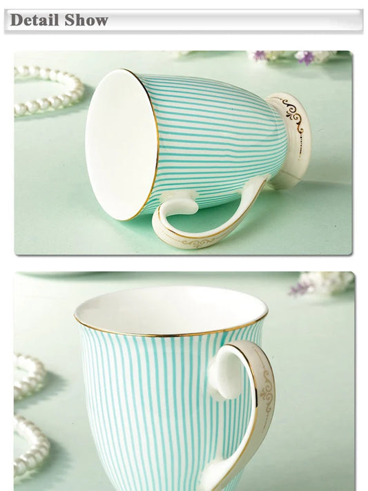 Tazas de té elegantes, tazas de cerámica purificadas británicas, porcelana de hueso, taza de café con rayas azules, diseño dorado, copa de diseño único a la moda