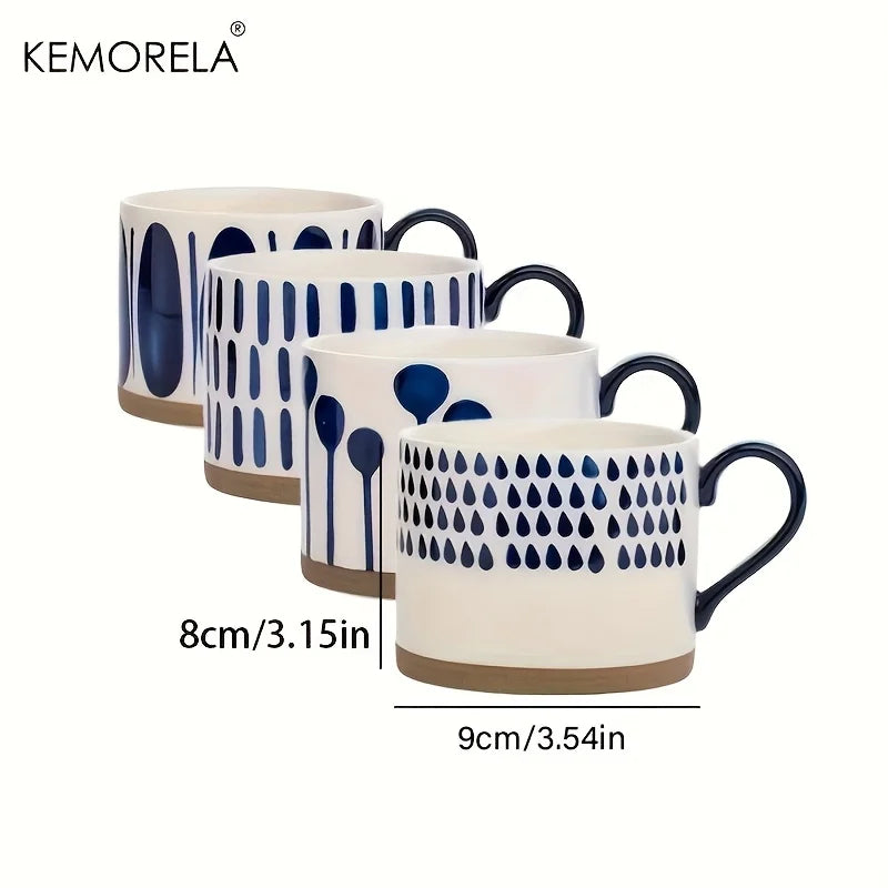 Tazas de café de cerámica pintadas a mano, diseño geométrico azul y blanco, tazas redondas reutilizables seguras para microondas para café, té y avena, 2 uds.