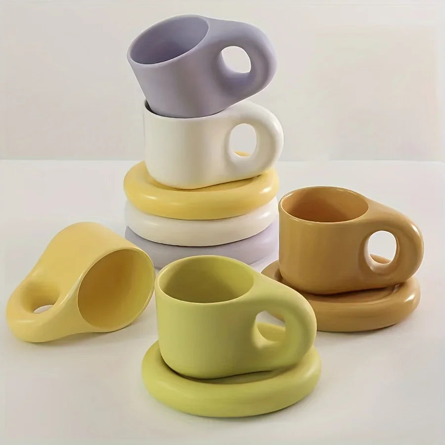 Juego de tazas de café de cerámica de 400ml, platillo con mango grueso, bonito y creativo, para decoración de la Oficina y la habitación del hogar, 1 Juego